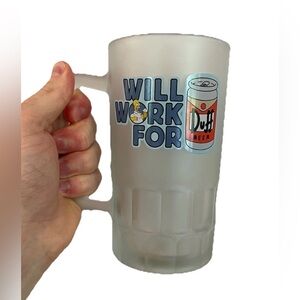 Vintage Homer Simpson Will Work For Duff Beer Frosted Beer Stein Glass Cup 2003